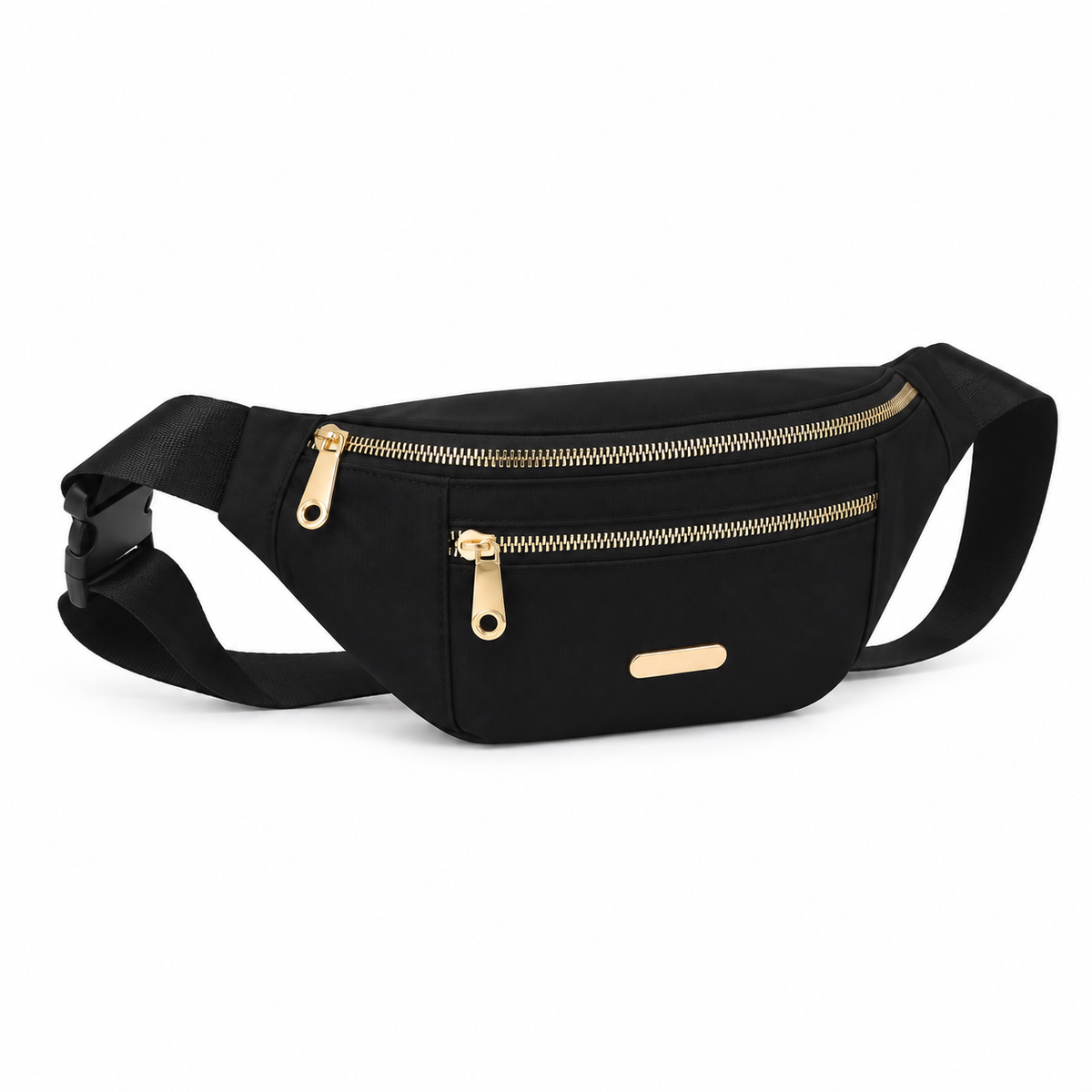 Black Waist Bag With Gold Zippers