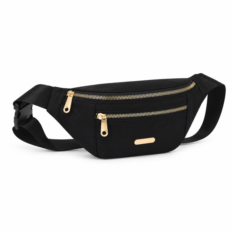 Black Waist Bag With Gold Zippers-1