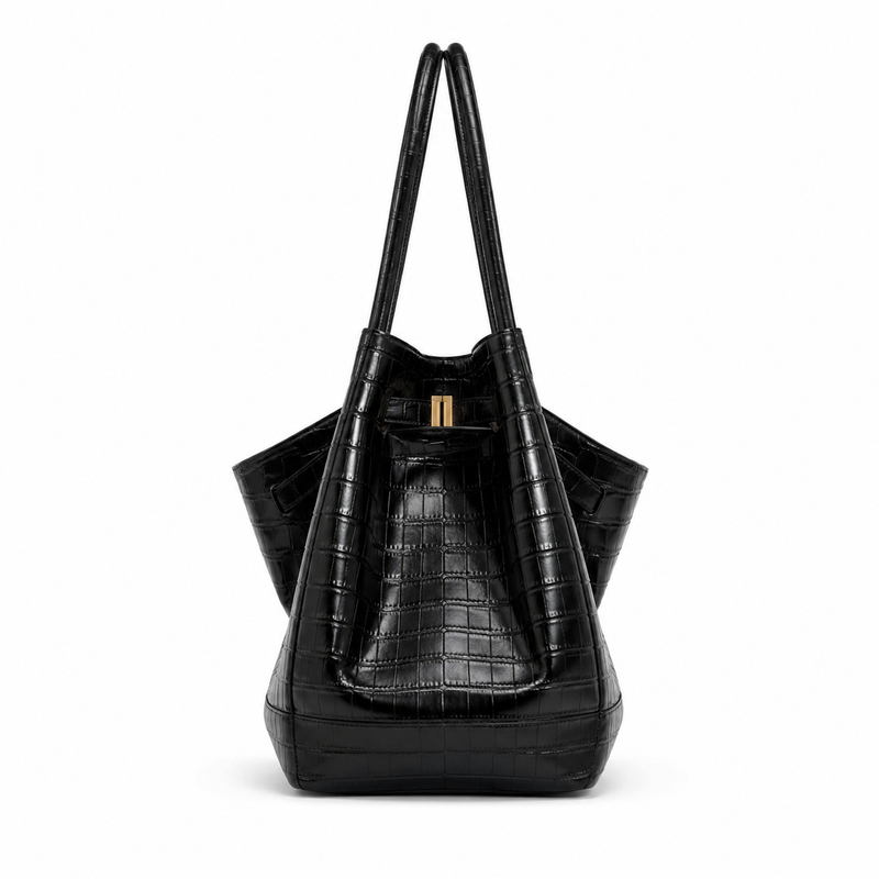 Luxury Black Crocodile-Embossed Winged Tote Bag-4