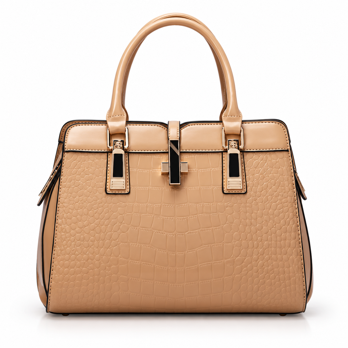 Elegant Camel Crocodile Embossed Structured Handbag-4