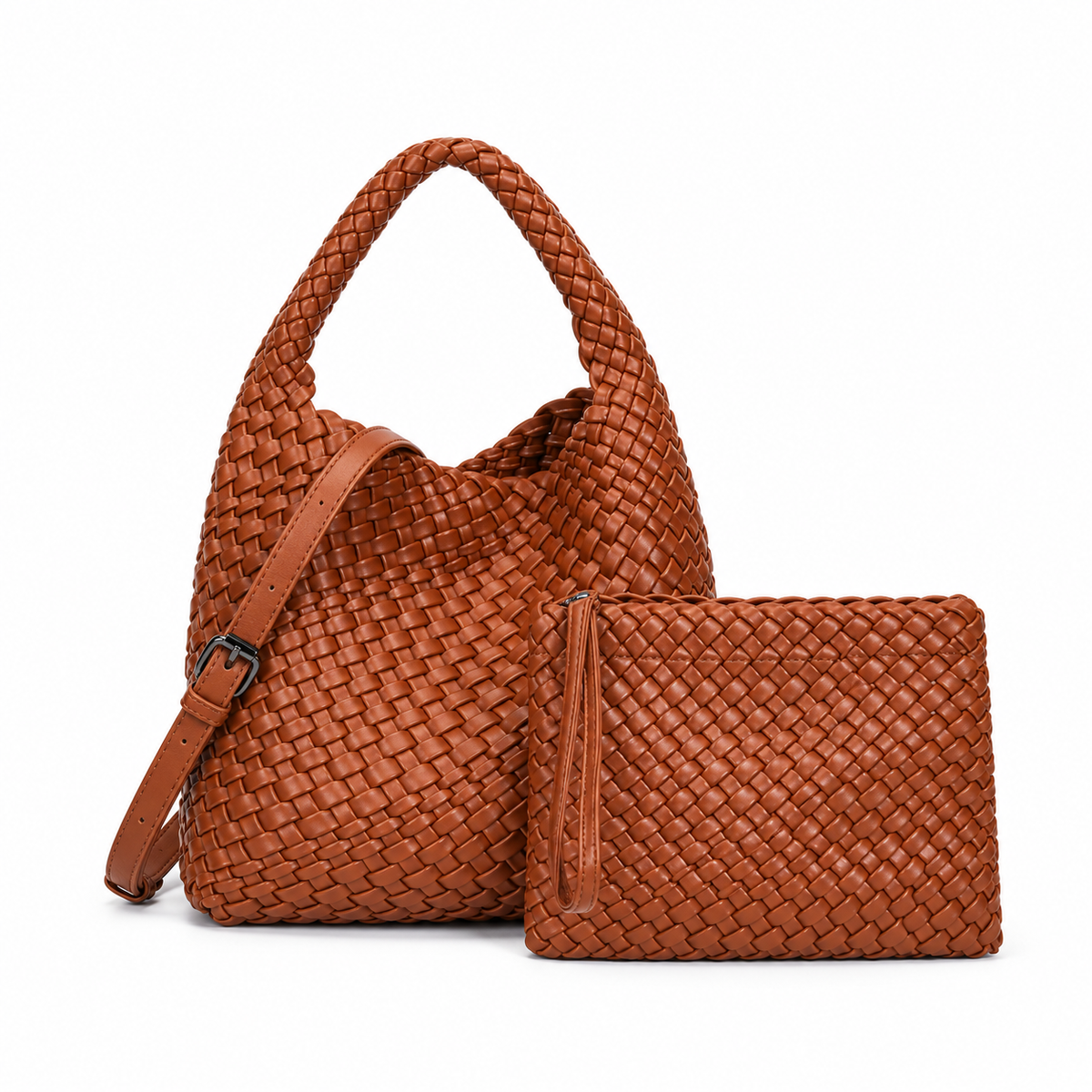 Brown Woven Hobo Bag With Pouch-4