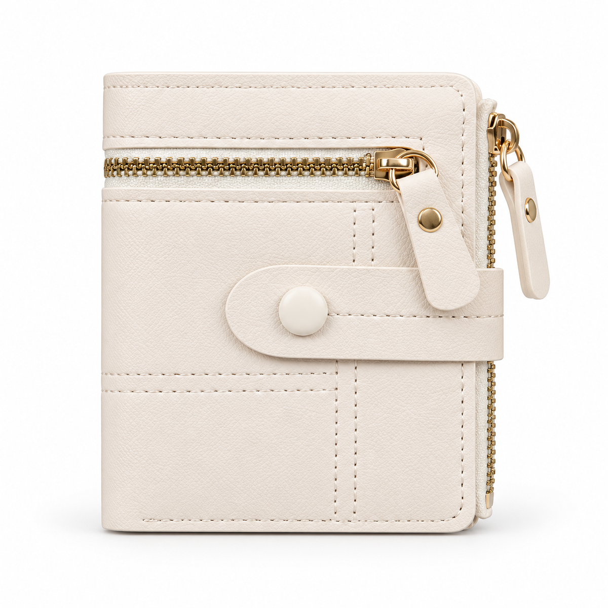 Ivory Compact Bifold Wallet With Zippers-3