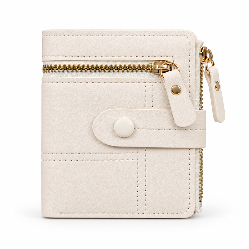Ivory Compact Bifold Wallet With Zippers-3