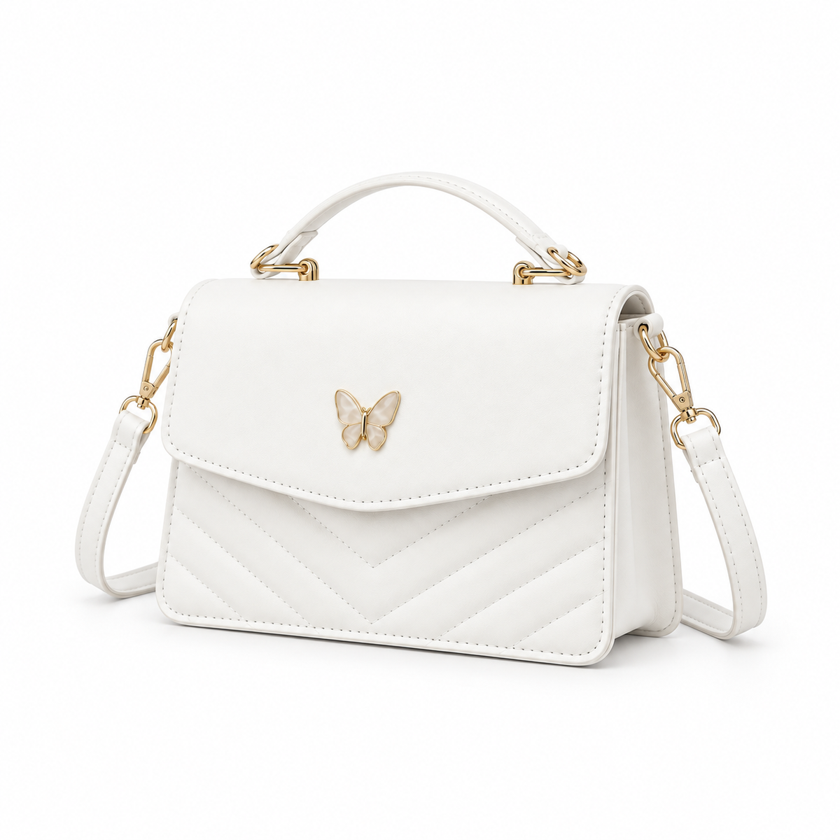 Elegant White Butterfly Quilted Shoulder Handbag-2