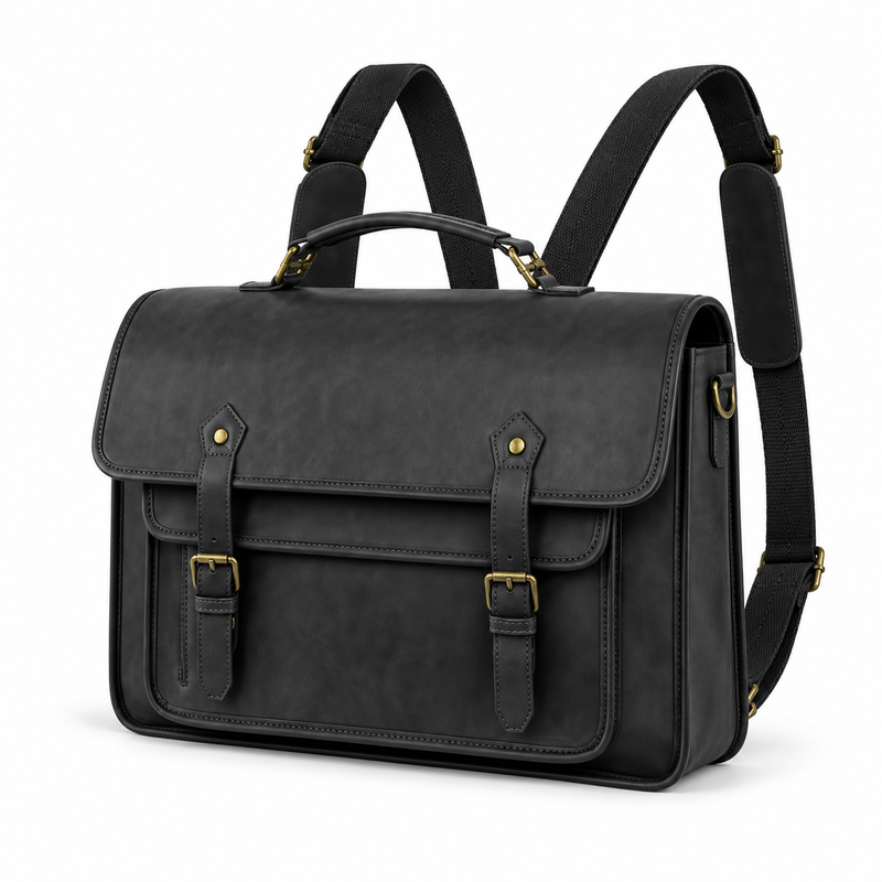 Classic Black Leather Briefcase Backpack Bag-3