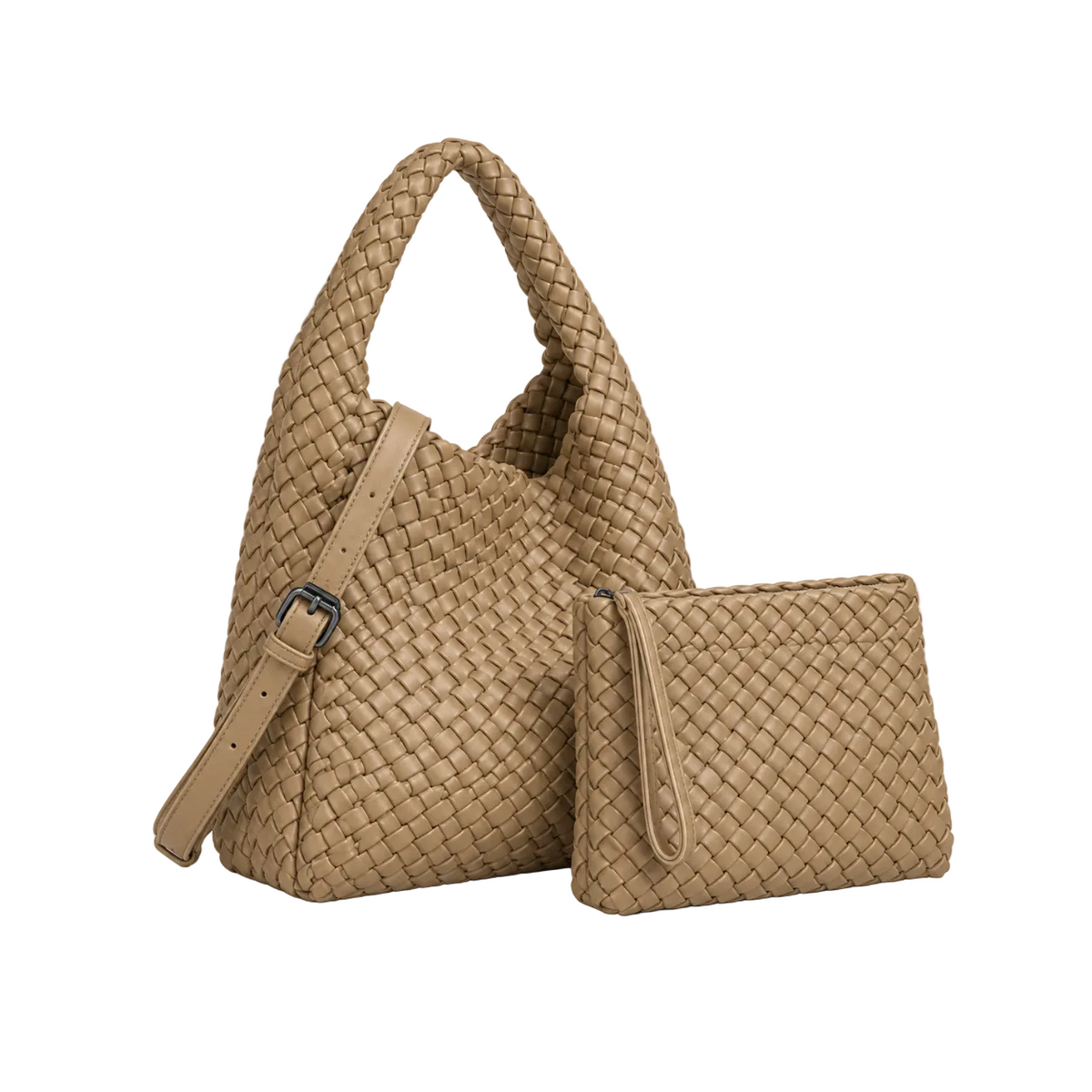 Khaki Woven Hobo Bag With Pouch