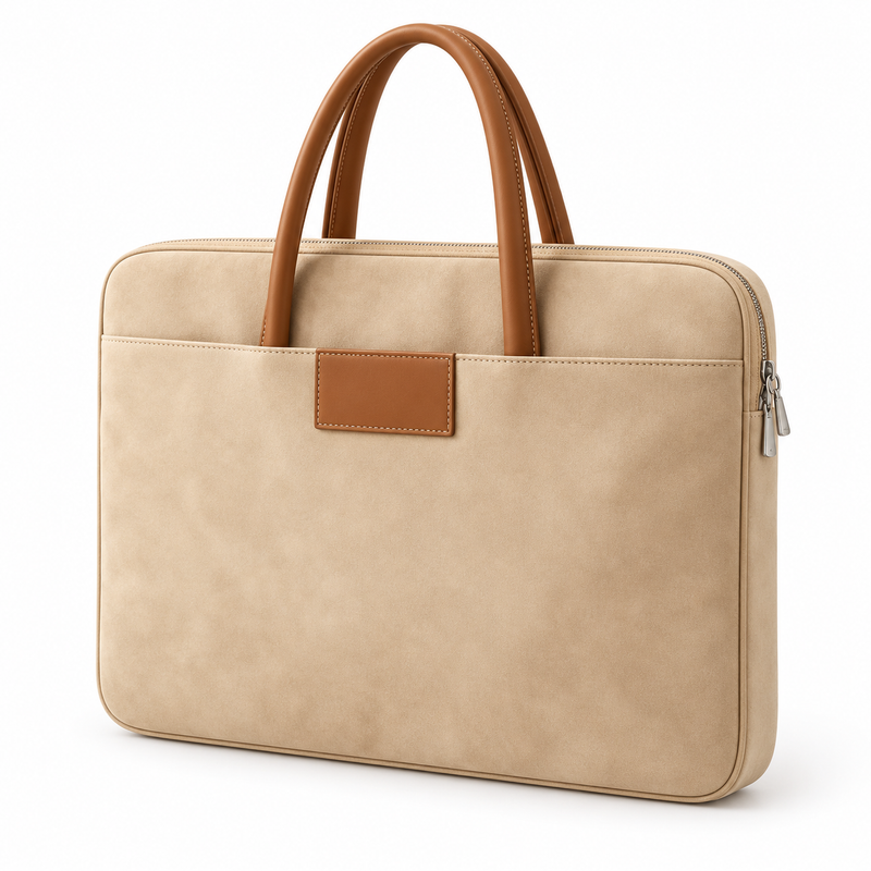 Beige Leather Laptop Bag With Handles-3