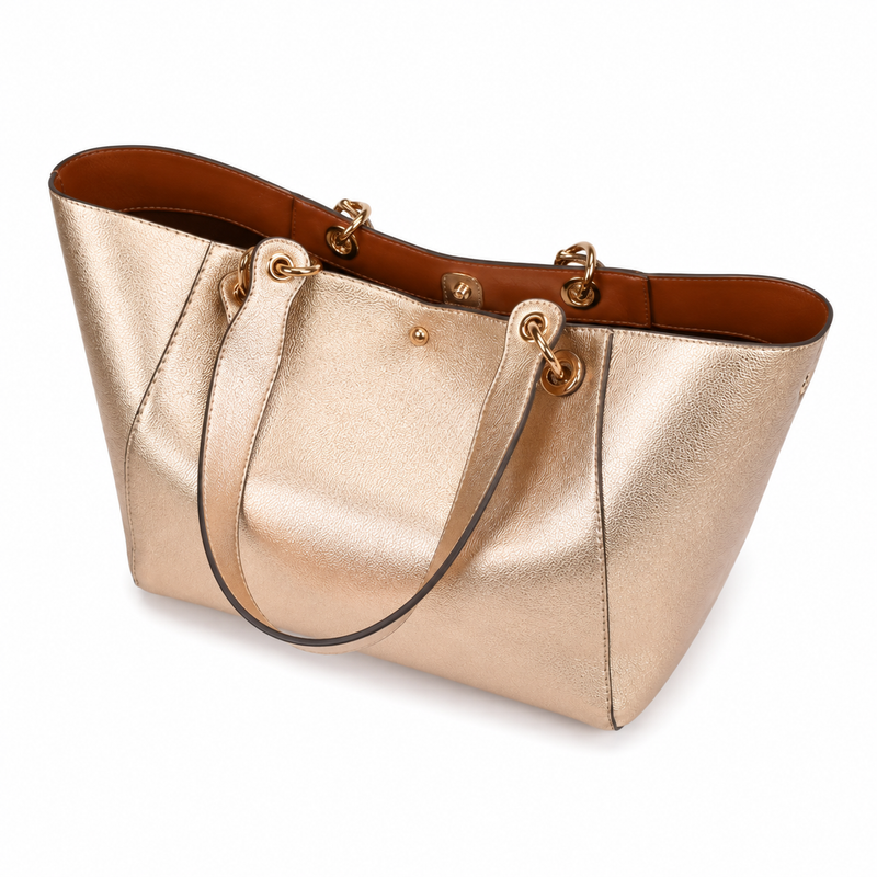 Metallic Champagne Gold Structured Tote Handbag with Double Handles-3