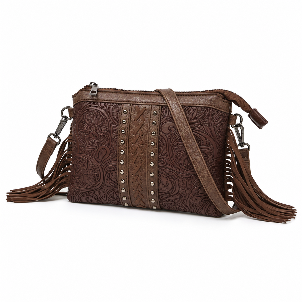Coffee Brown Embossed Fringe Vintage Crossbody Bag-3