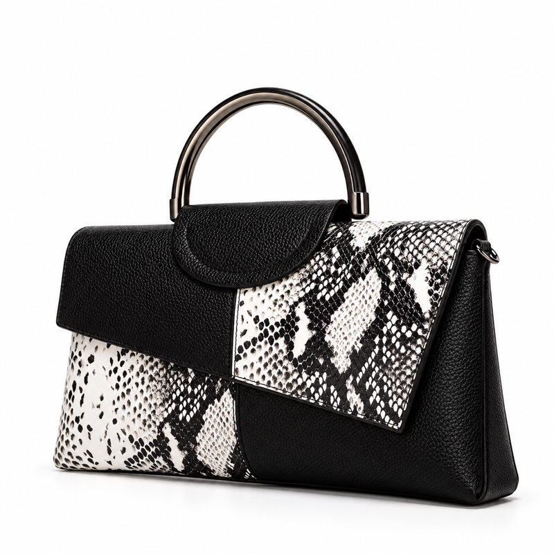Black White Snakeskin Leather Evening Clutch-3