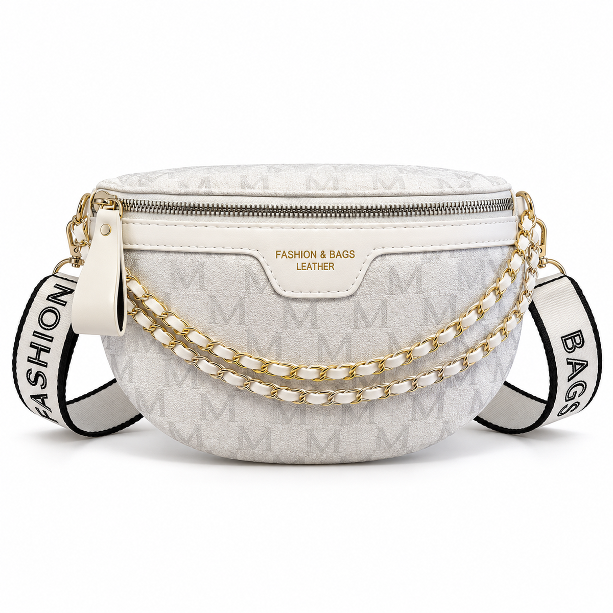 White Monogram Crossbody Bag With Chains-4