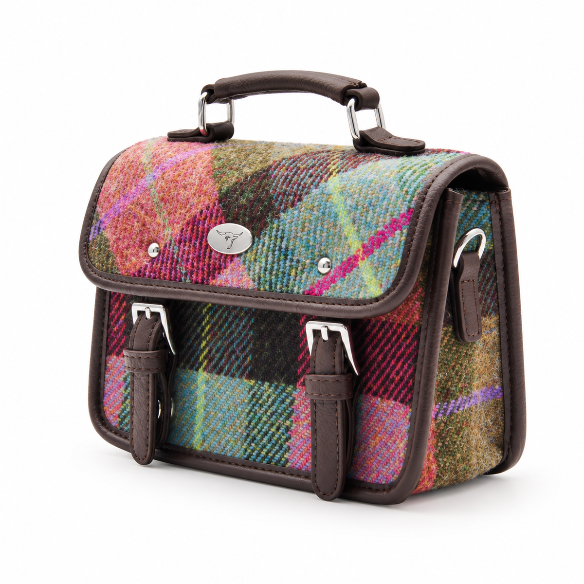 Multicolor Plaid Leather And Canvas Satchel-3