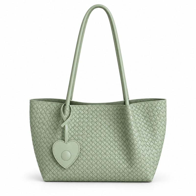 Sage Green Woven Heart Charm Tote-4