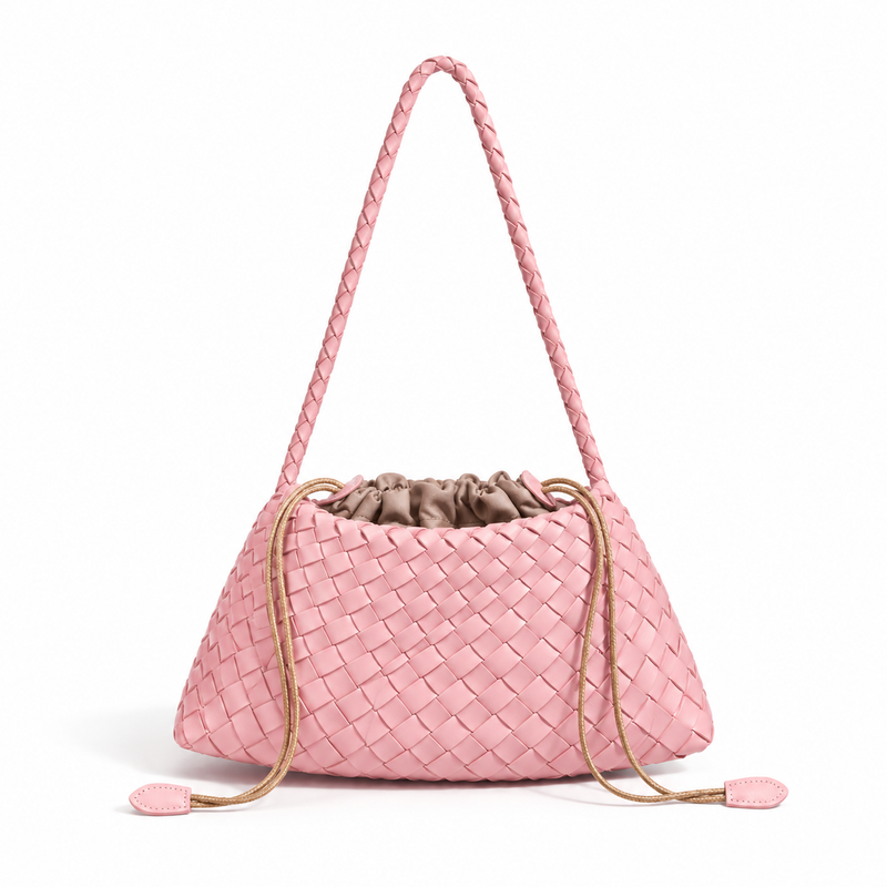Pink Woven Shoulder Bag With Drawstring-4
