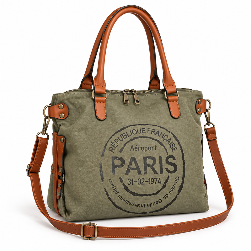 Olive Canvas Leather Paris Tote Bag-1