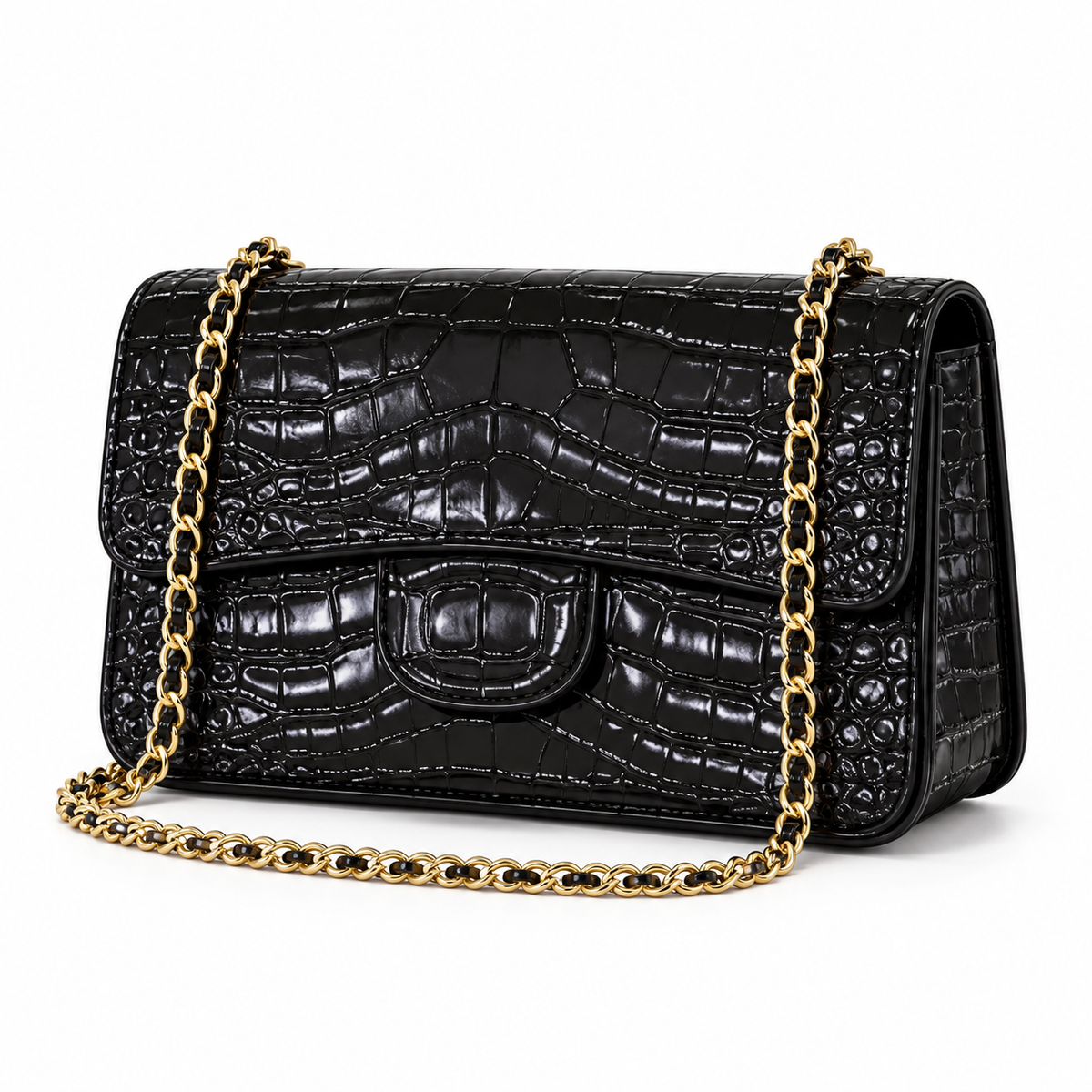 Black Crocodile Embossed Chain Crossbody Bag-3