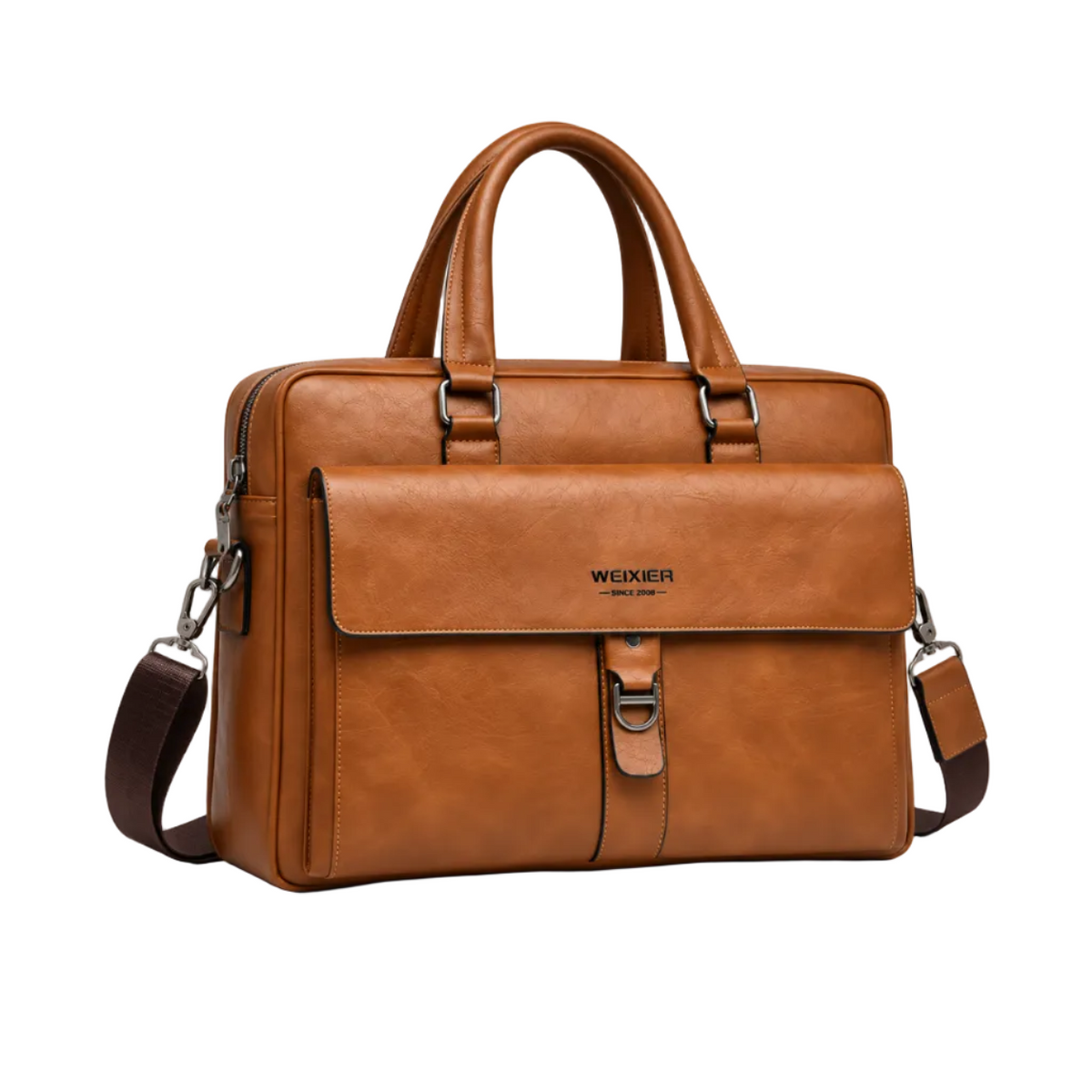 Classic Cognac Leather Briefcase Shoulder Bag