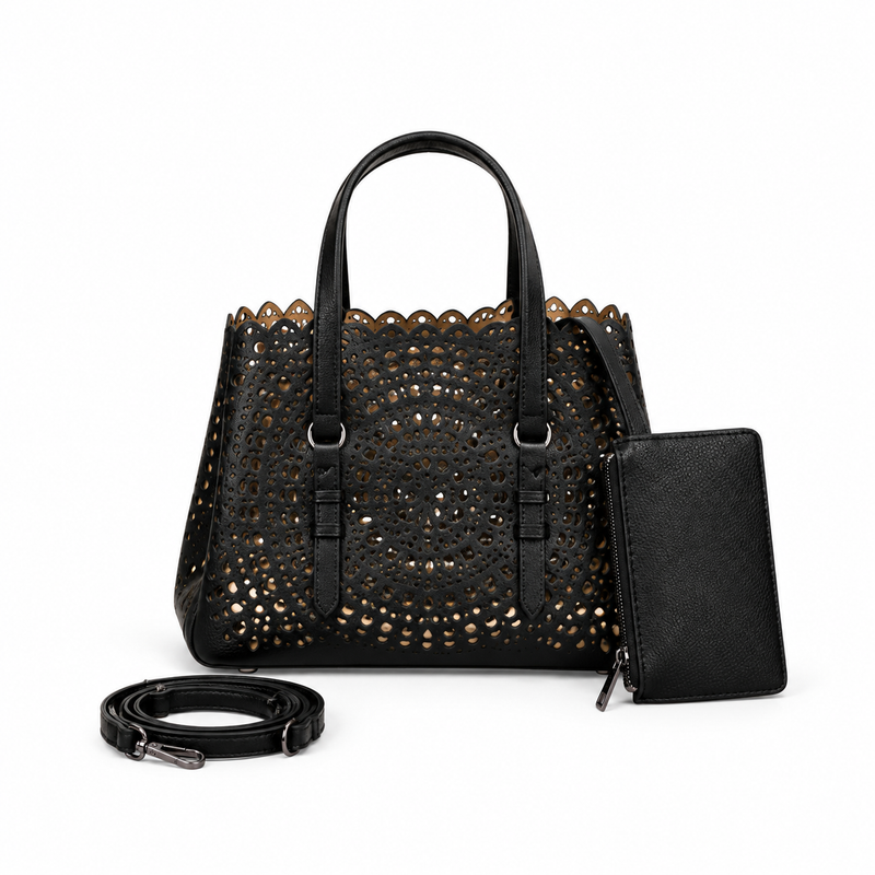 Elegant Black Laser Cut Tote Handbag-2