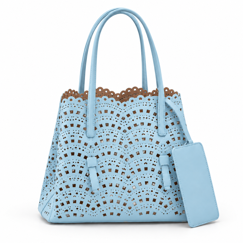 Denim Blue Laser Cut Tote Handbag-4