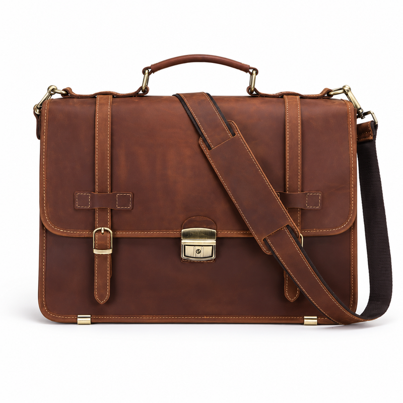 Vintage Brown Leather Briefcase With Lock-3