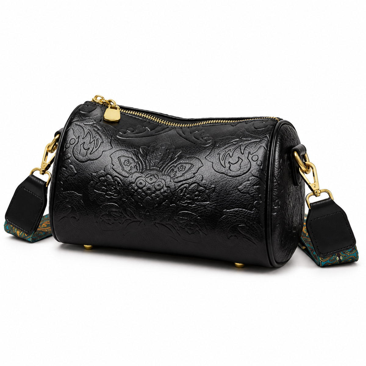 Black Floral Embossed Barrel Vintage Crossbody Bag-3