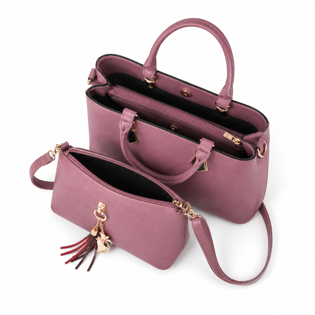2-Piece Dusty Rose Tote Handbag and Crossbody Bag Set-3
