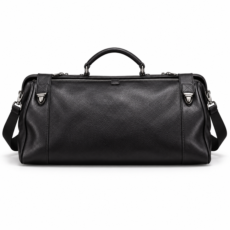 Classic Black Leather Travel Duffel Bag-2