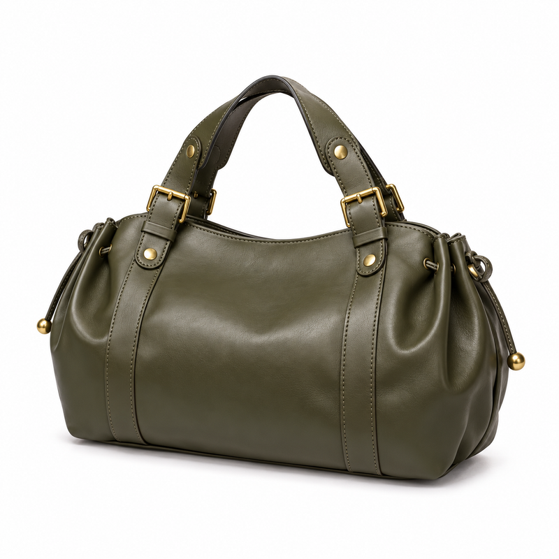 Olive Green Buckle Handle Barrel Handbag-3