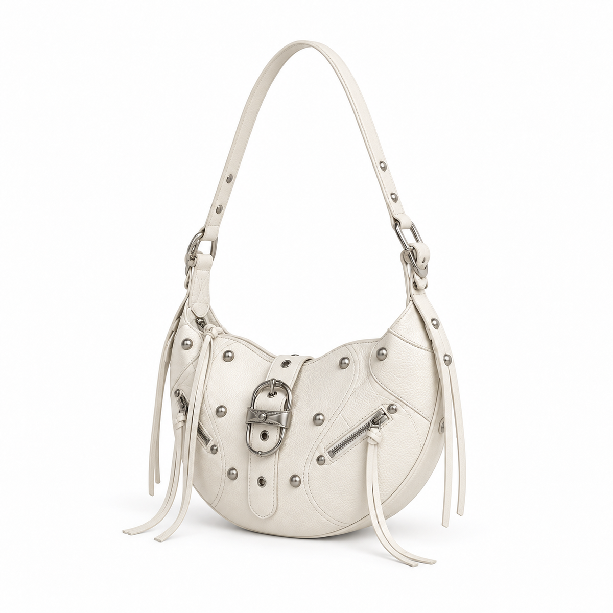 Ivory Studded Crescent Shoulder Hobo Bag-2