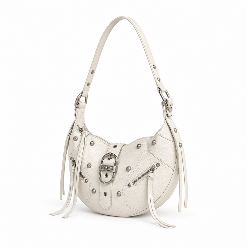 Ivory Studded Crescent Shoulder Hobo Bag-2
