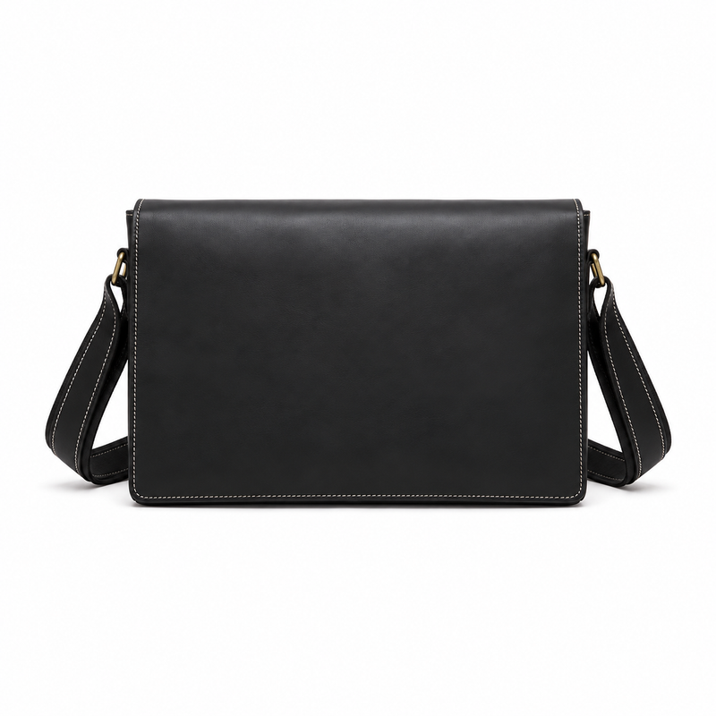 Classic Black Leather Laptop Messenger Bag-2