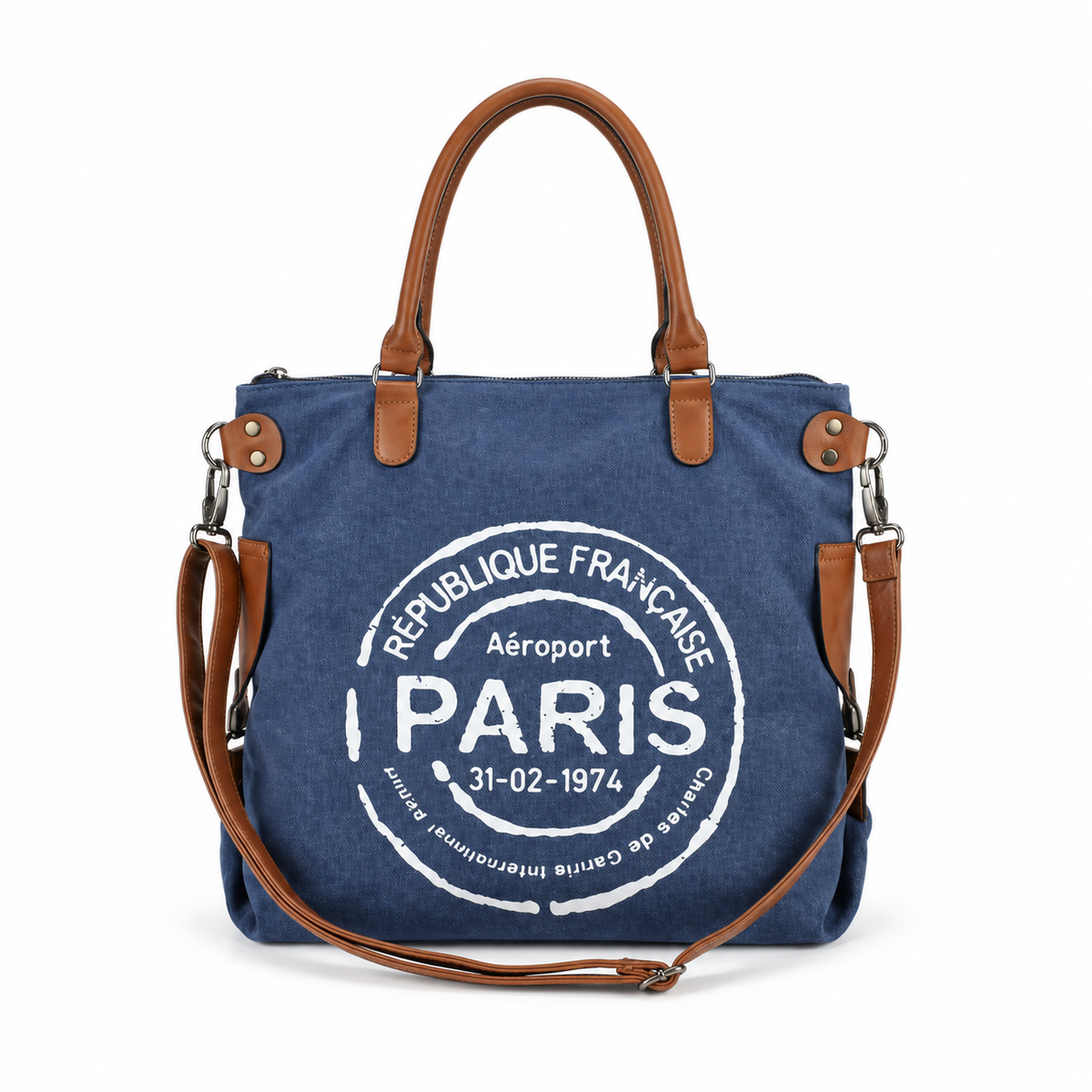 Paris Blue Leather Canvas Tote Bag-4