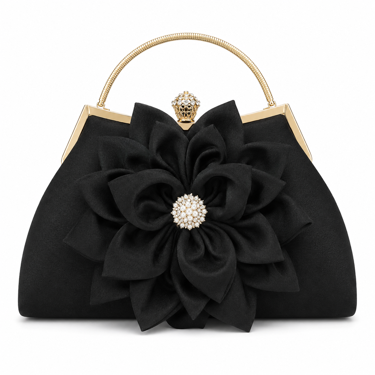 Elegant Black Floral Evening Handbag with Gold Handle and Pearl Accent-1