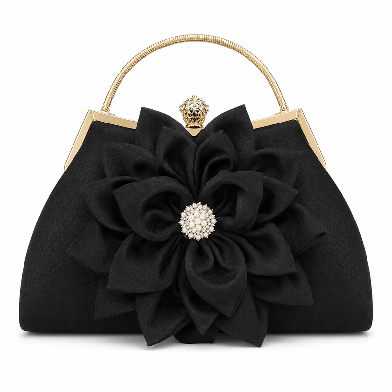 Elegant Black Floral Evening Handbag with Gold Handle and Pearl Accent-1