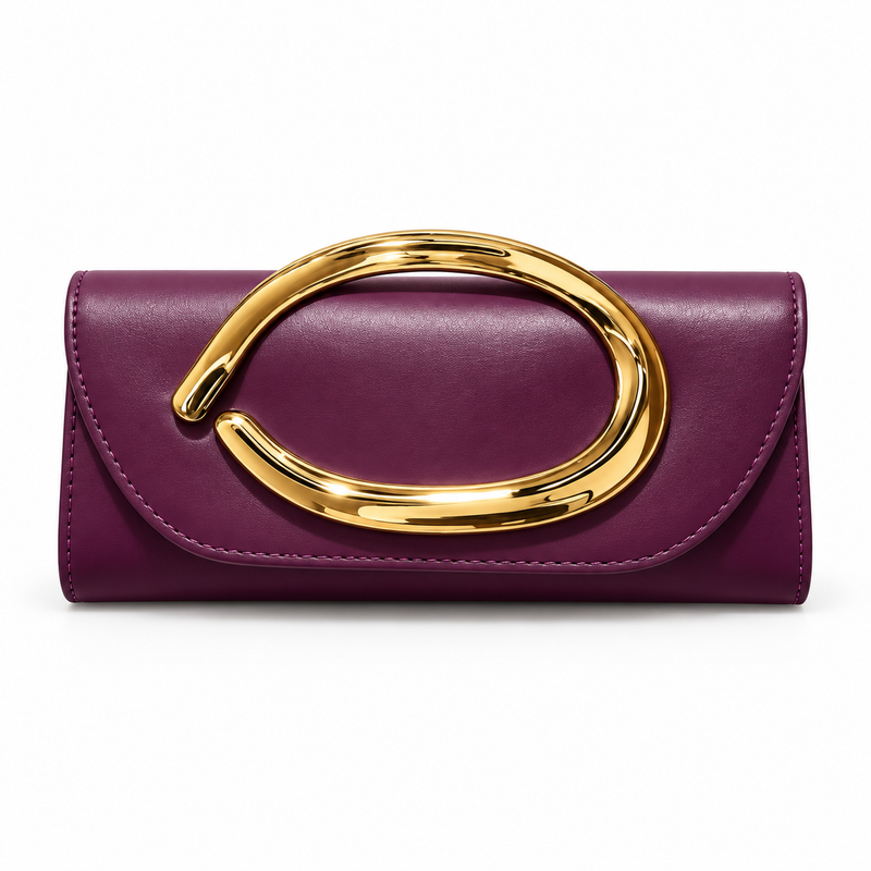Elegant Plum Clutch With Golden Handle-4