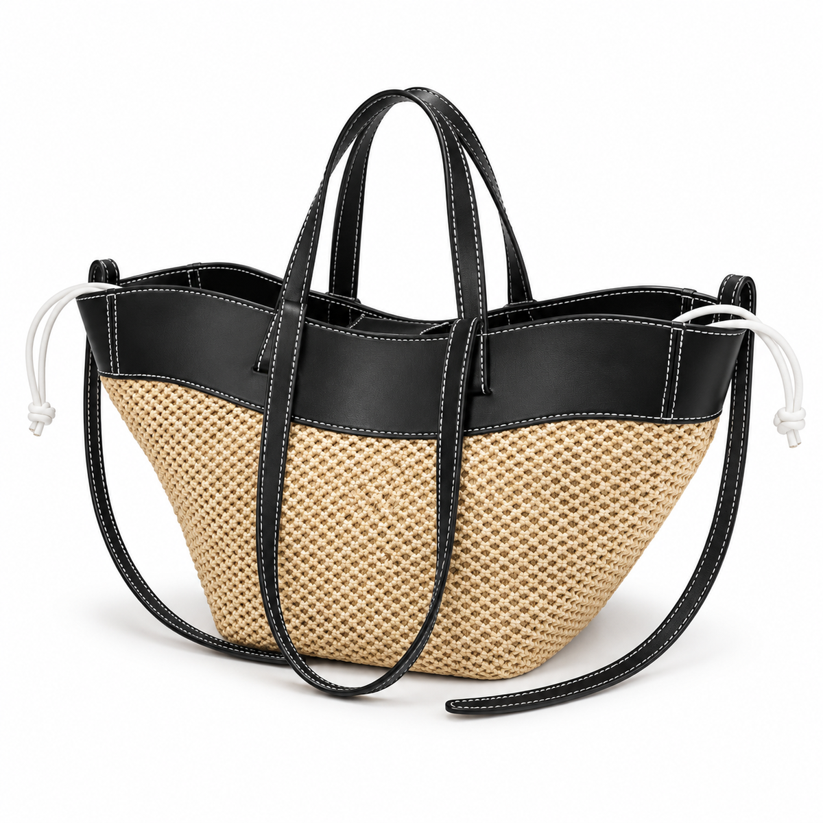 Beige Woven Tote With Black Trim-3