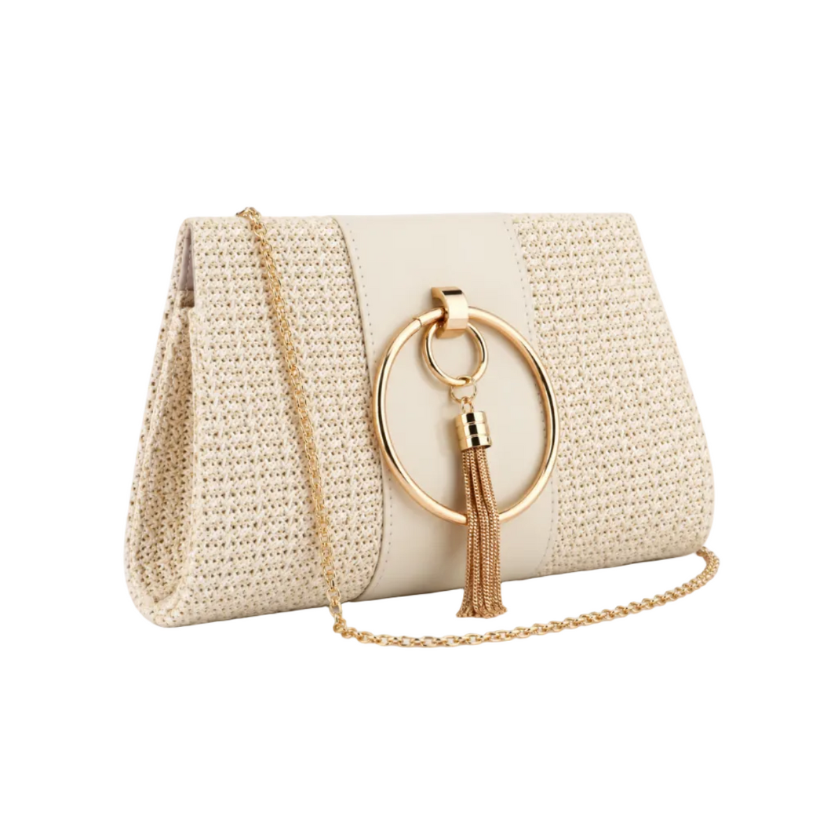 Ivory Woven Gold Tassel Shoulder Bag-1