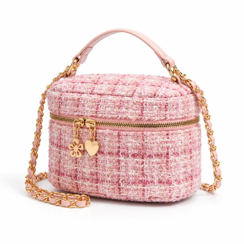 Pink Tweed Crossbody Bag With Charms-3