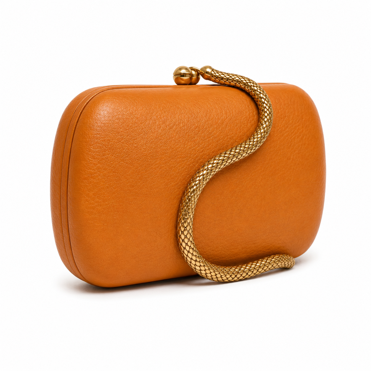 Orange Pebbled Leather Clutch Bag with Gold Snake Chain-2