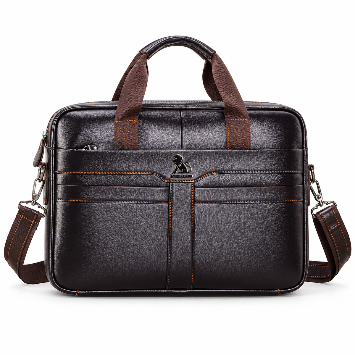 Classic Coffee Leather Briefcase With Strap-4