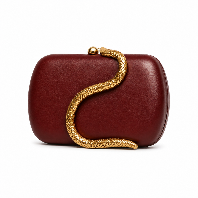 Burgundy Elegant Leather Snake Chain Clutch-3