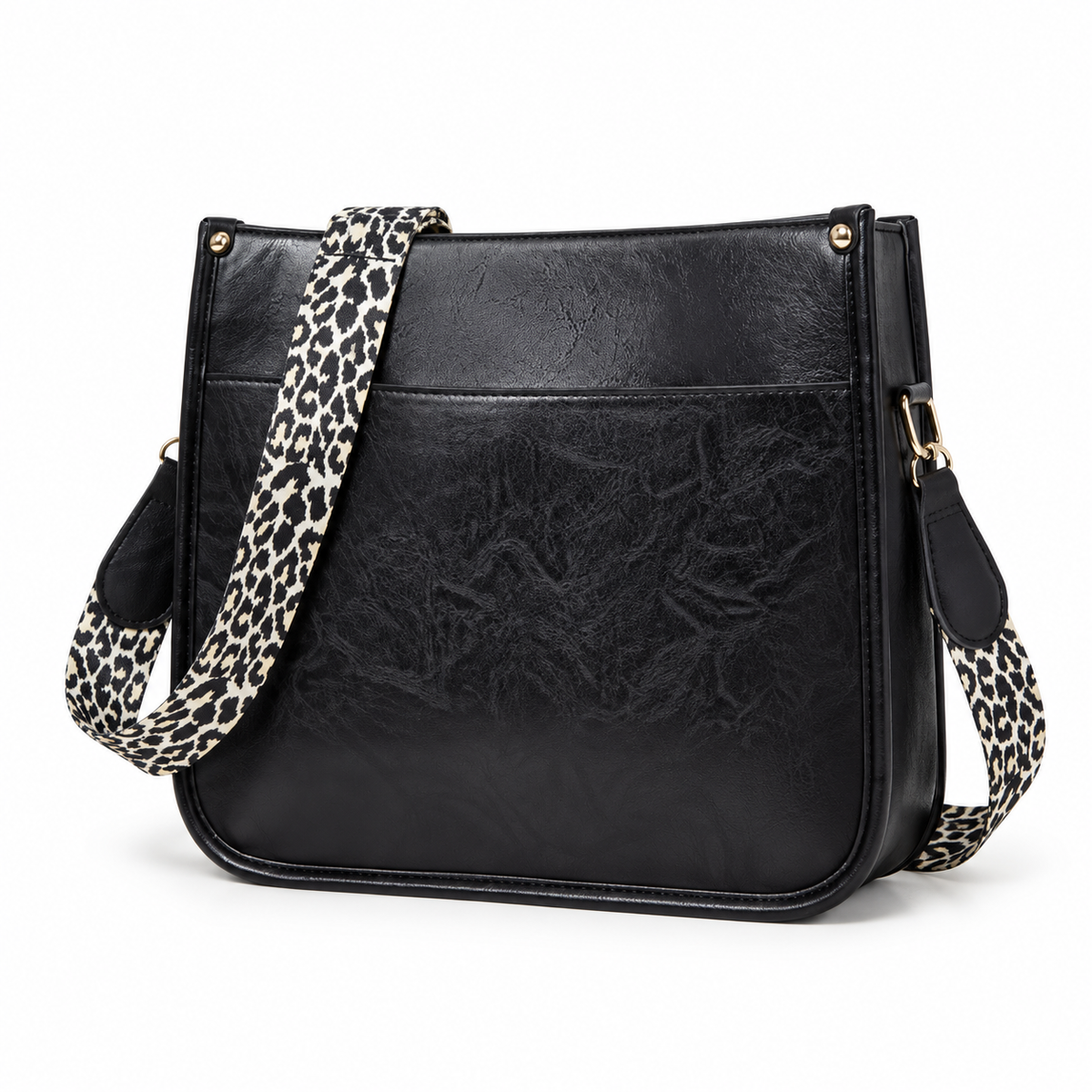 Black Crossbody Bag With Leopard Strap-3