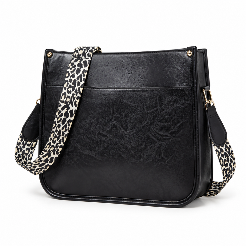 Black Crossbody Bag With Leopard Strap-3