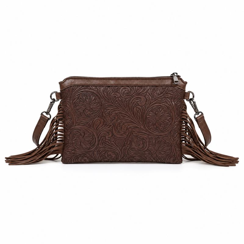 Coffee Brown Embossed Fringe Vintage Crossbody Bag-2
