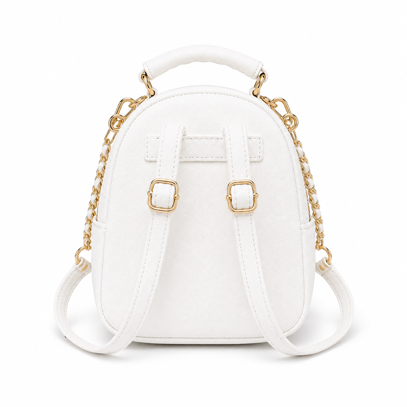 White Textured Mini Backpack Handbag with Gold Chain Detail-2
