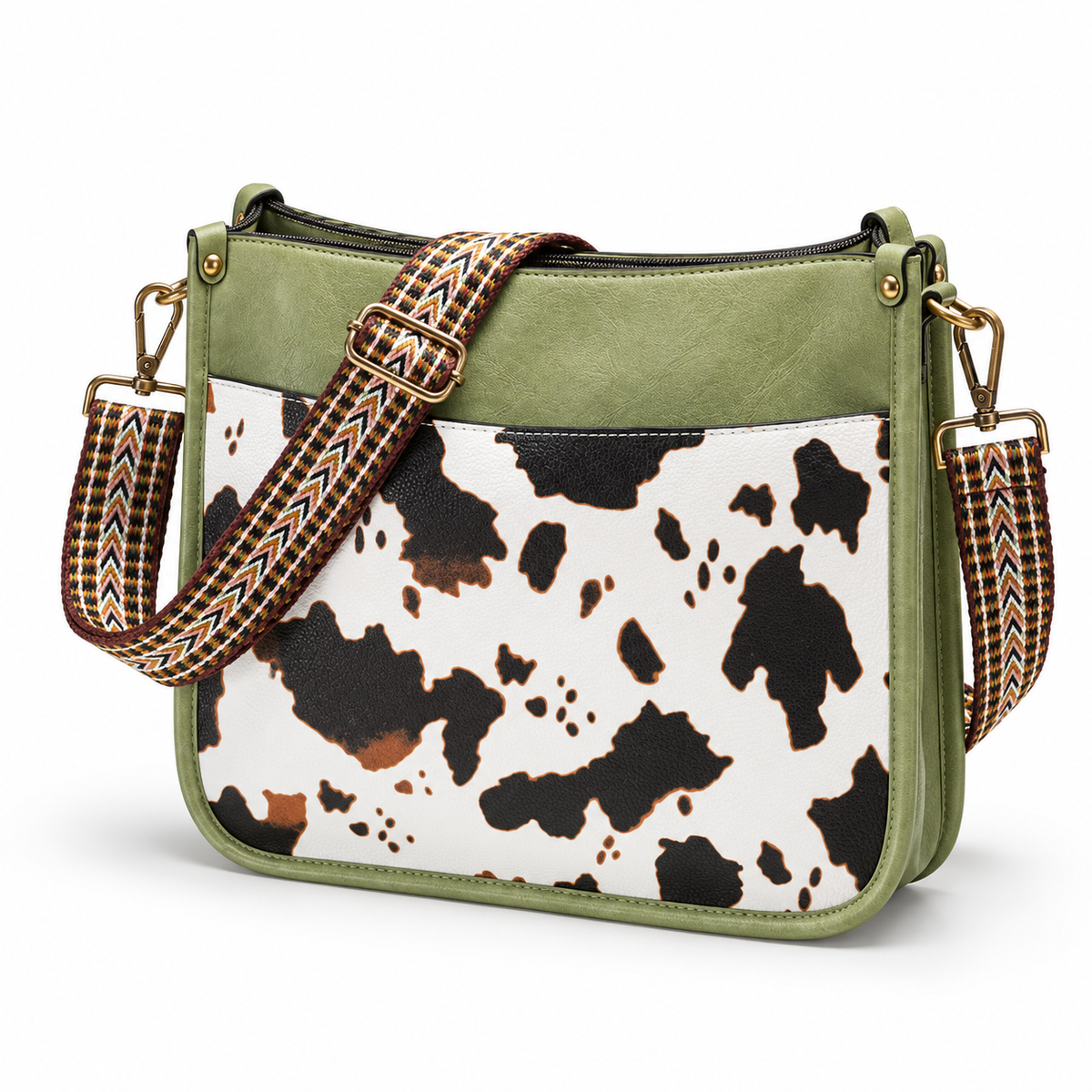 Olive Green Cow Print Crossbody Bag-2