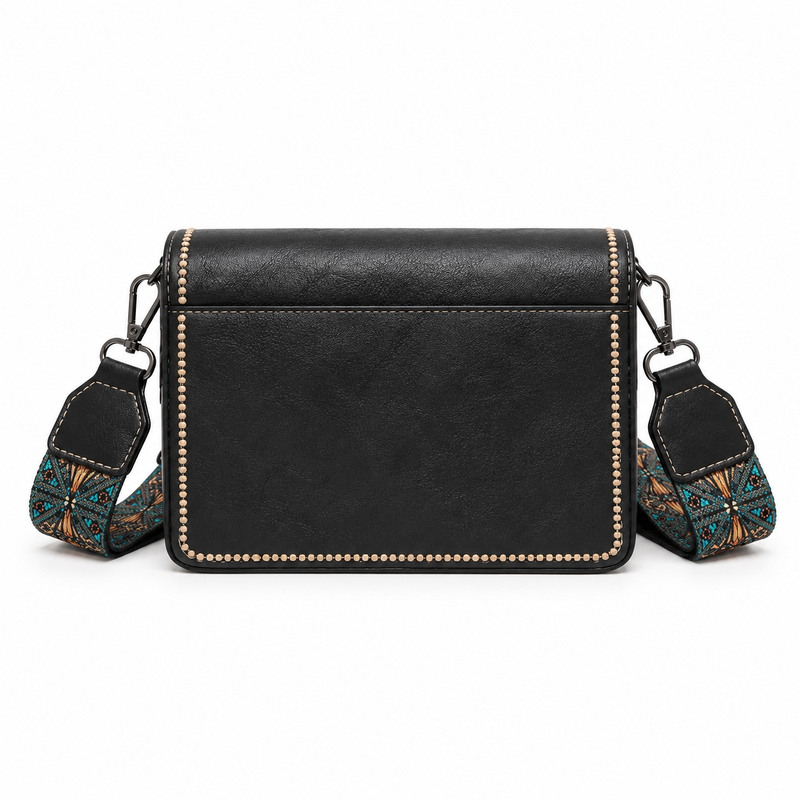 Vintage Black Contrast Trim Patterned Crossbody Bag-2