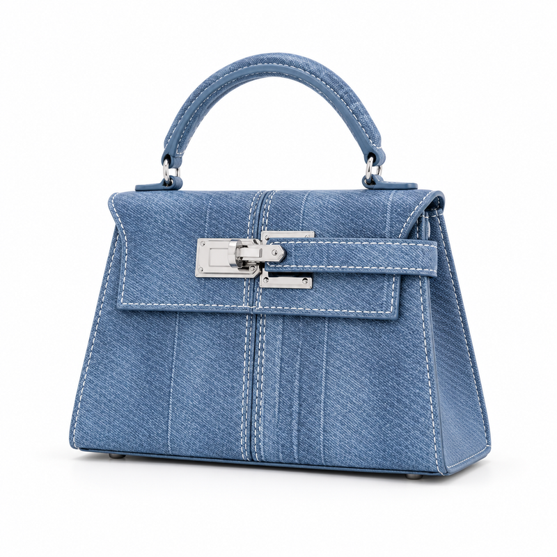 Blue Structured Satchel With Silver Lock-3