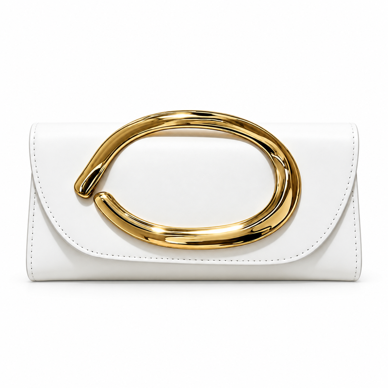 White Sculptural Gold Handle Evening Clutch-4