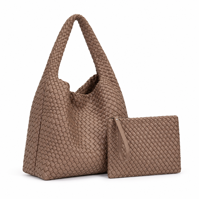 Khaki Woven Shoulder Bag With Pouch-1